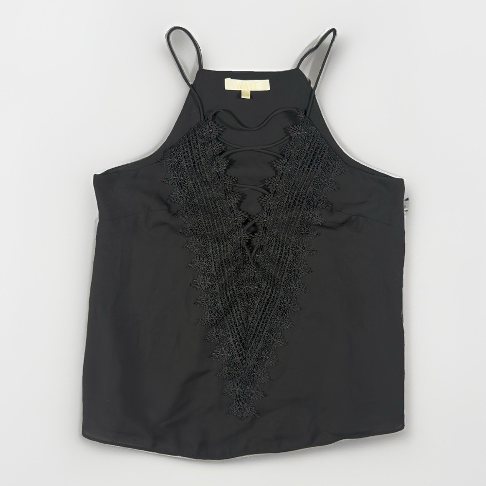 WAYF Posie Cami Womens XS Black Lace Up Strappy Tank Lace Trim Romantic